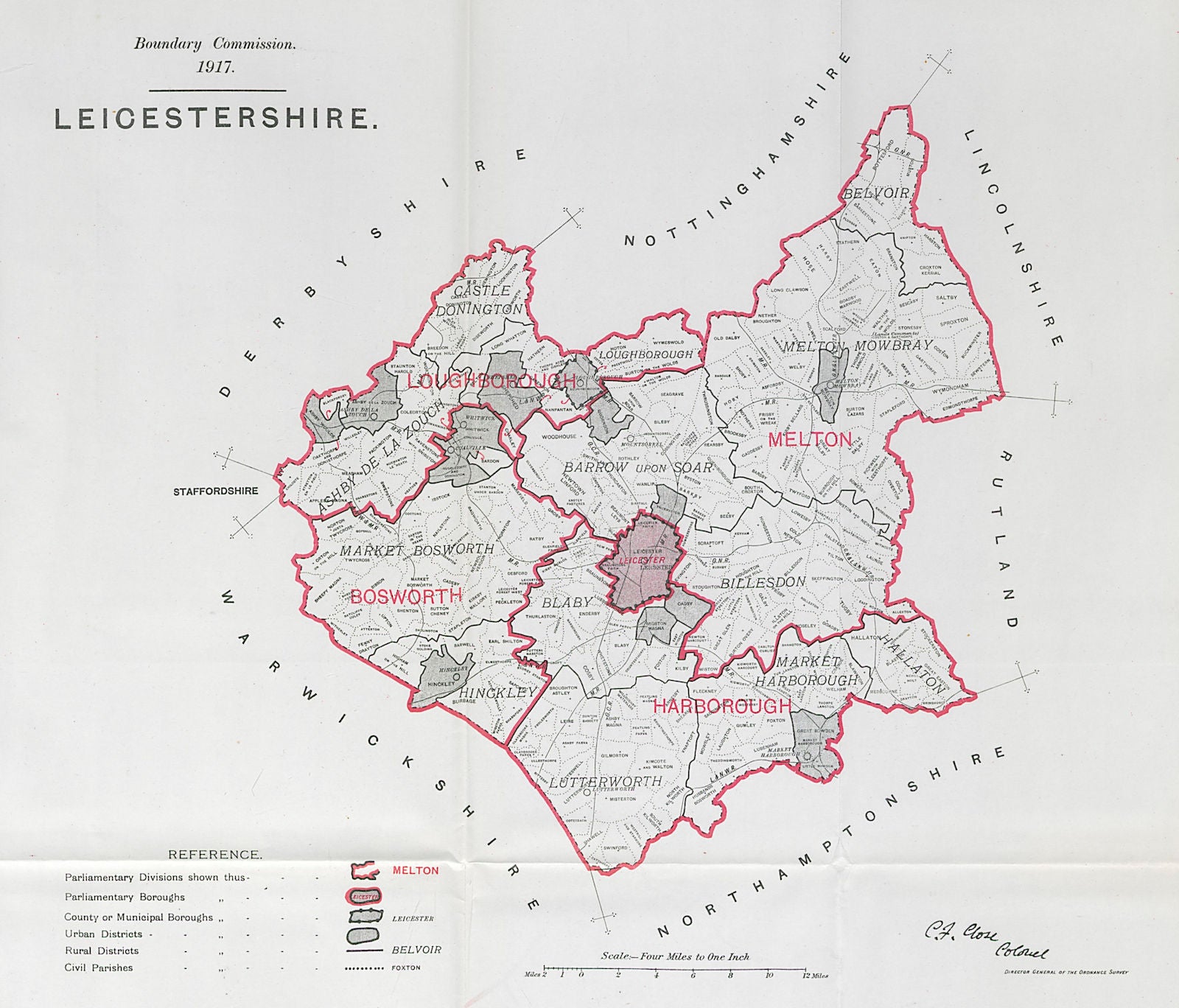 Leicestershire Parliamentary County. BOUNDARY COMMISSION. Close 1917 old map
